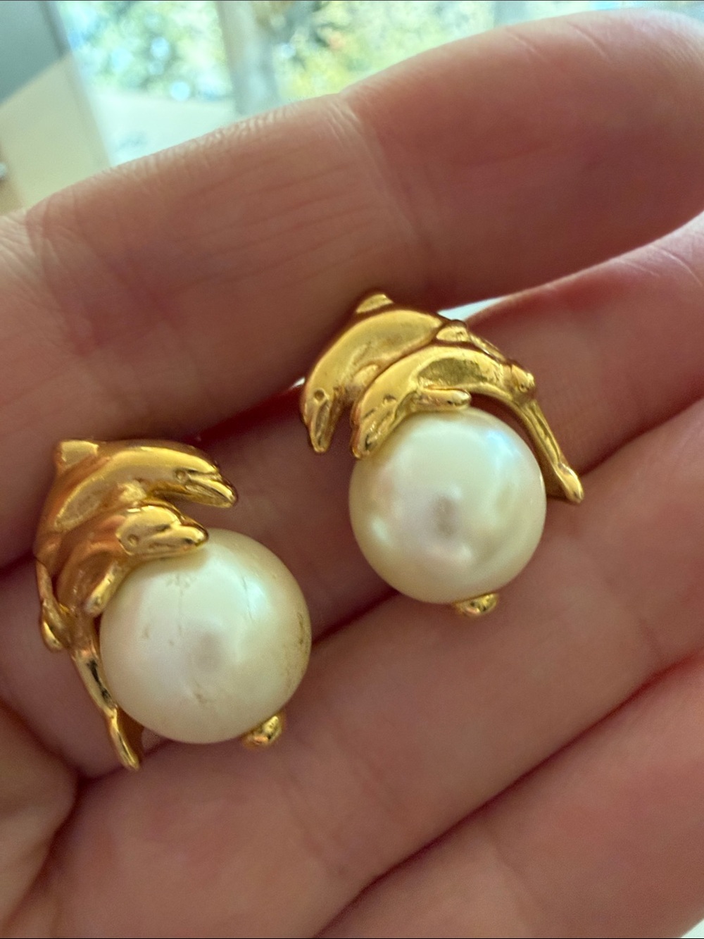 Gold Dolphin Pearl Earrings - White Pearls